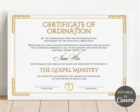 Certificate Of Ordination Template Ordained Minister Editable Etsy In