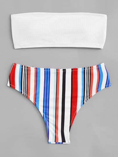 Shop Striped Bandeau Bikini Set Online Shein Offers Striped Bandeau