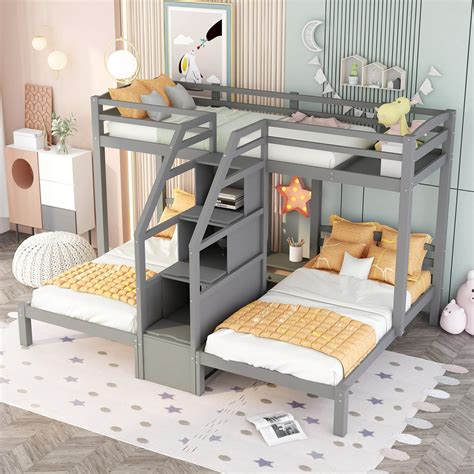 Buy Triple Bunk Bed Twin Over Twin And Twin Bunk Bed With 3 Storage Staircase Triple Bunk Bed For