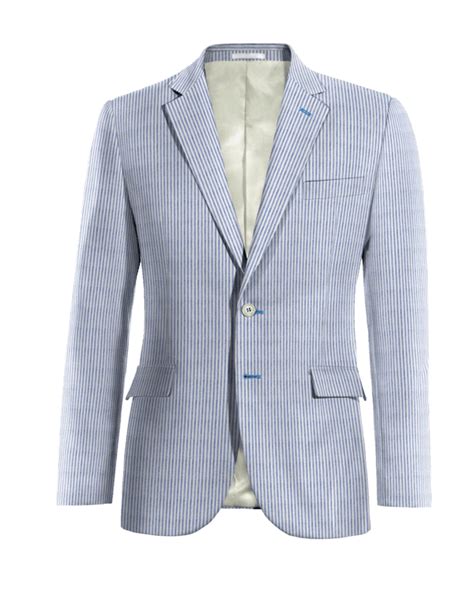 Navy Blue Striped Seersucker Slim Fit Suit Jacket With Customized Threads