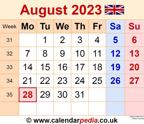 Calendar August 2023 Uk With Excel Word And Pdf Templates