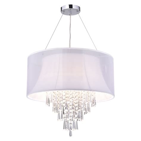 4 Light Double White Fabric Drum Shade Crystal Pendant Chandelier
