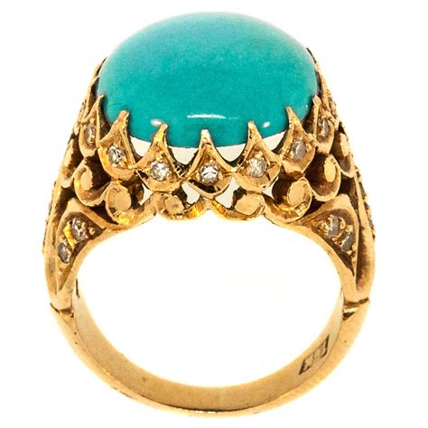 Turquoise And Diamond 18 KT Yellow Gold Ring At 1stDibs