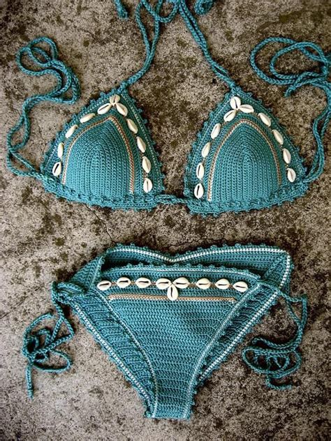 Crochet Bikini Set Deep Turquoise Blue Green Cowrie Sea Shell Bikini