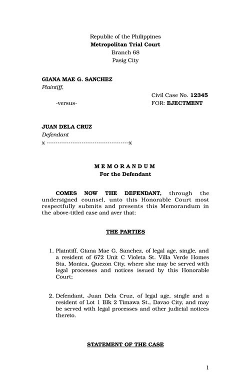 Memorandum For The Defendant Ejectment Republic Of The Philippines