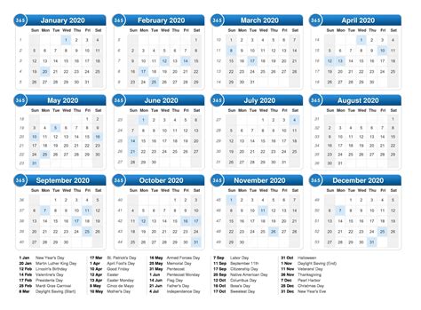 12 Month 2020 Printable Calendar With Holidays