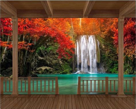 Beibehang Hd Wooden Frame Red Maple Leaf Waterfall Photo Wallpaper