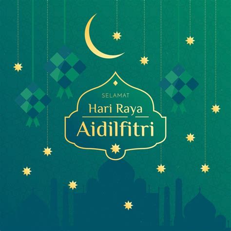 Happy eid to you and your family. Golden stars and moon hari raya aidilfitri event | Free Vector