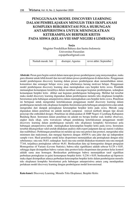 PDF Penggunaan Model Discovery Learning Dalam Pembelajaran Menulis