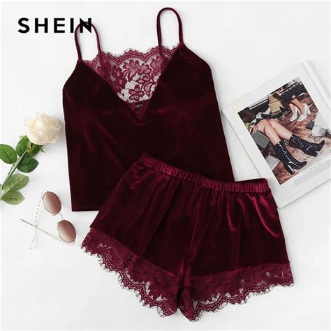 shein 2018 lace trim velvet cami and shorts pajamas set women burgundy plain spaghetti strap