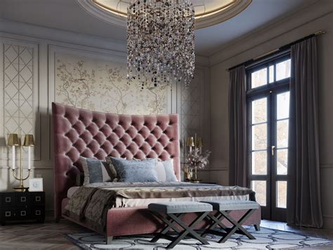 A Bedroom With A Chandelier Hanging From The Ceiling And A Pink Bed In