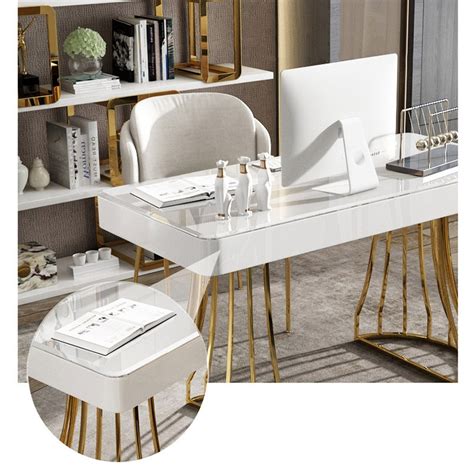 White Office Desk 47 Modern Writing Desk Gold Base Stainless Steel Homary