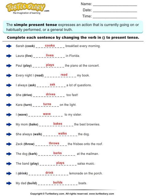 Simple Present Tense Worksheets With Answers Simple Present Tense