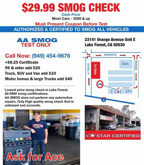 As of january 1, 2013, california vehicle owners are required to perform the smog check at a recognized star getting car insurance is one of the requirements that vehicle owners need to fulfill in order to register and claim the title for their vehicles in the department. AA Smog Test Only Coupons near me in Lake Forest, CA 92630 ...