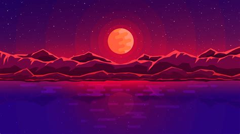 Moon Rays Red Space Sky Abstract Mountains Wallpaperhd Artist