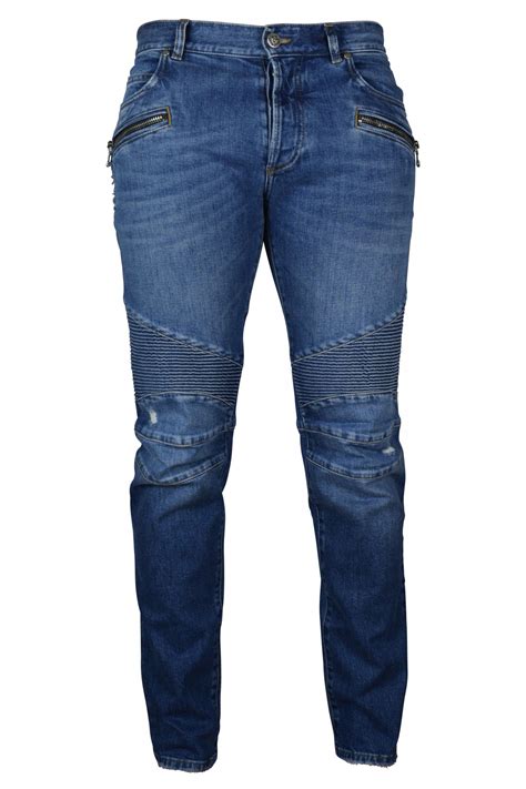 Mens Luxury Jeans Balmain Blue Jeans With Ribbed Inserts