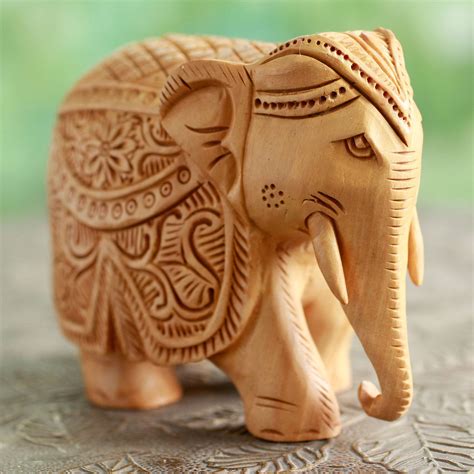 Wood Elephant Sculpture Hand Carved In India 4 Inch Majestic