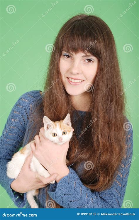 Beautiful Smiling Brunette Girl And Her Cat Stock Image Image Of Home