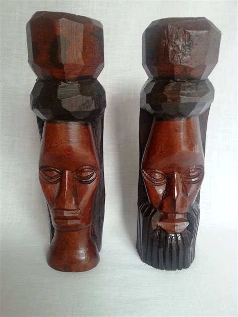 Vintage Folk Art Primitive Statuettes Hand Carved And Stained Hard Wood