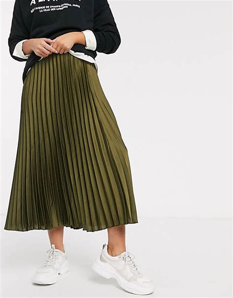 New Look Satin Pleated Midi Skirt In Khaki Asos