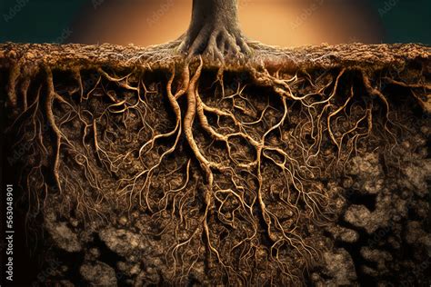 Tree Roots In Soil Close Up Underground Texture Generative Ai
