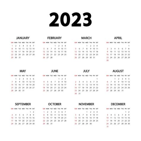 Calendario 2023 Año La Semana Comienza El Domingo Plantilla De Calendario Anual En Inglés 2023