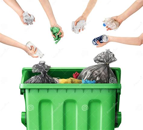 Hands Throw Garbage Into A Trash Can On A White Stock Photo Image Of