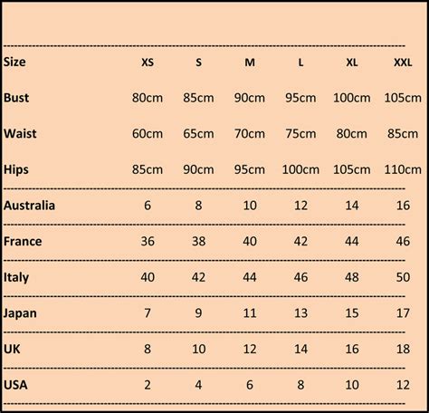 International Sizing Chart Airllywood