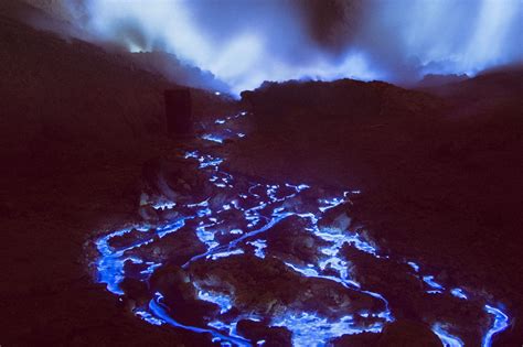 Blue Flamed Molten Sulphur Kawah Ijen Volcano Photography By Reuben