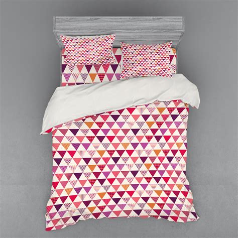 Pink Duvet Cover Set Geometric Triangle Patterns With Polka Dots Lines