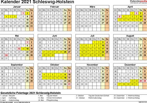 Lediglich der tag der deutschen einheit als nationalfeiertag am 3. Kalender 2021 Schleswig-Holstein: Ferien, Feiertage, PDF ...