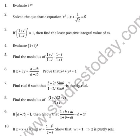 Cbse Class 11 Complex Numbers And Quadratic Equation Worksheet A