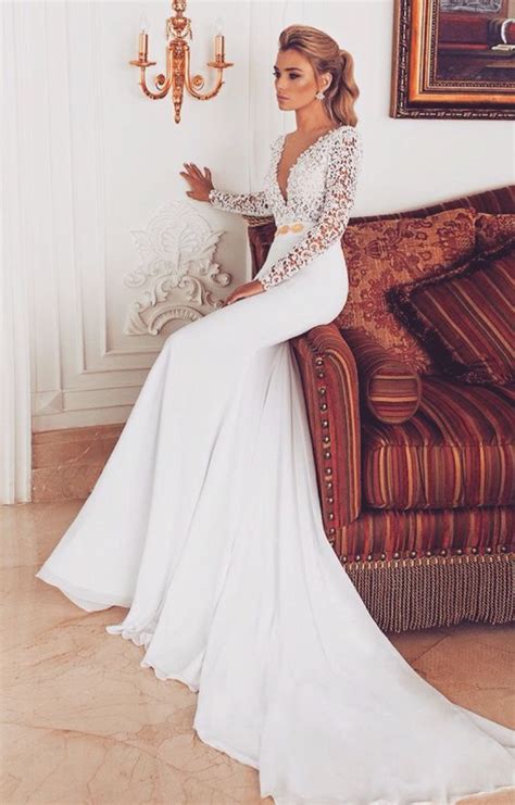 2017 custom made white wedding dress lace long sleeves bridal dress deep v neck party gown see