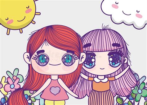 Kids Little Girls Anime Cartoon Flowers Sunny Day Stock Vector