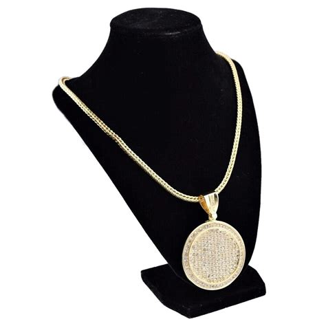 Round Medallion Pendant Iced Bling Out Cz Gold Plated Franco Chain Necklace 36 Ebay