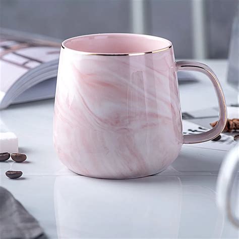 Pink Marble Pattern Ceramic Mug Gold Plated With Handle Mugs Morning