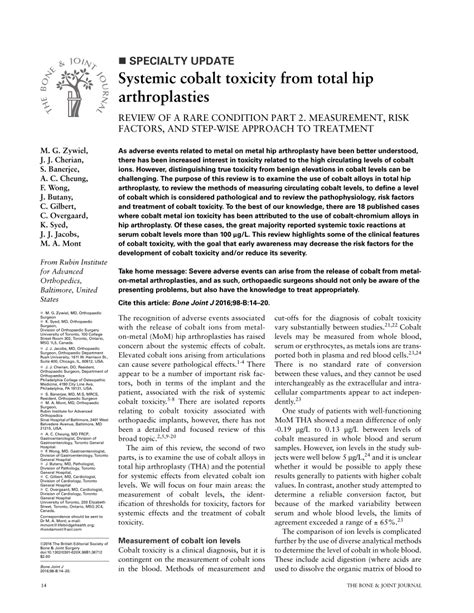 Pdf Systemic Cobalt Toxicity From Total Hip Arthroplasties Review Of