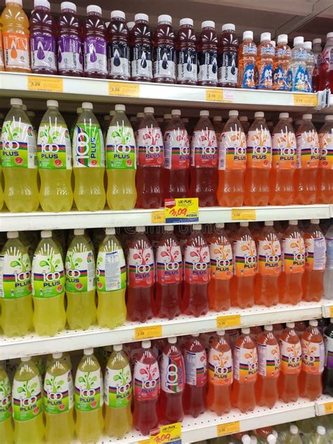 Soft Drinks Or Carbonated Drinks Arranged And Stacked On The Rack