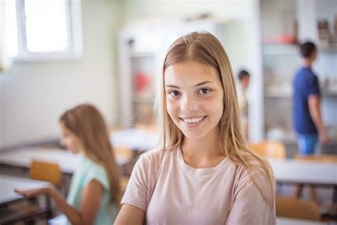 Portrait Of Smiling School Girl In Classroom Stock Image Image Of