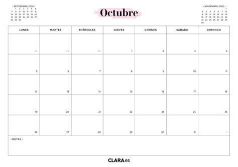Calendario Octubre 2020 Para Imprimir Gratis En Pdf Y  Bullet
