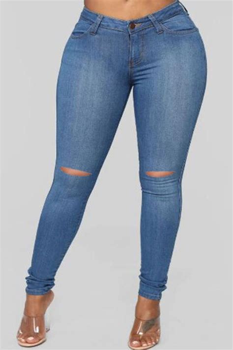 Lovely Stylish Hollow Out Blue Plus Size Jeansplus Size Jeansplus Size Bottomsplus Size