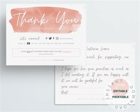 Editable Thank You For Your Purchase Card Thanks For Your Etsy