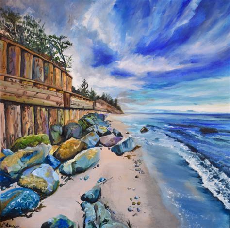 Rocky Sandy Beach Coastal Painting By Warsash Hampshire Artist Lesley
