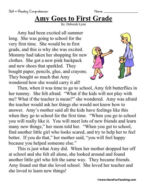 Reading Comprehension Worksheet Amy Goes To First Grade