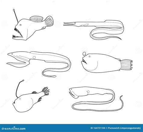Various Deep Sea Fish Cartoon Vector Coloring Book Stock Vector