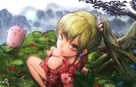 Wallpaper Pig Jump Anime Girl Green Hairs Bird View Tree Landscape