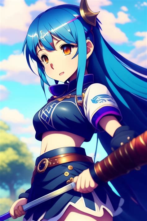 Blue Hair Anime Girl Sword