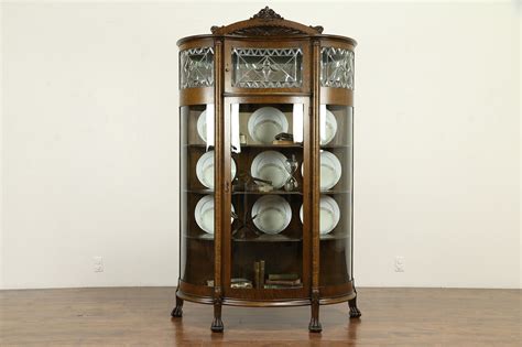 Victorian Antique Oak Curved Leaded Glass China Curio Display Cabinet