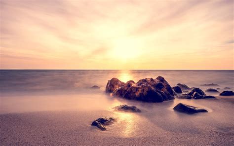 Wallpaper Sunlight Landscape Sunset Sea Bay Rock Shore Sand