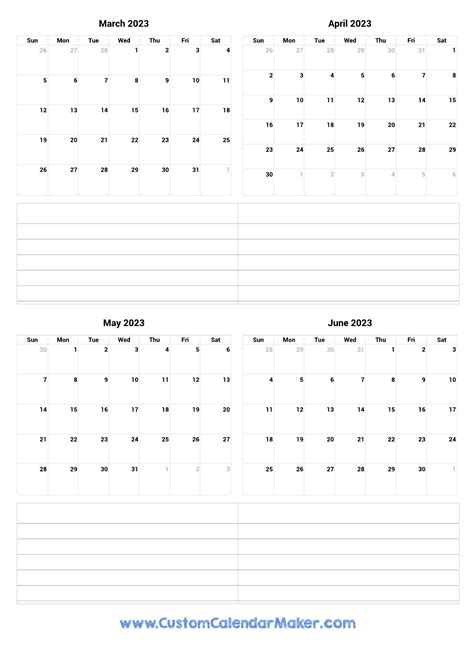 March To June 2023 Printable Calendar